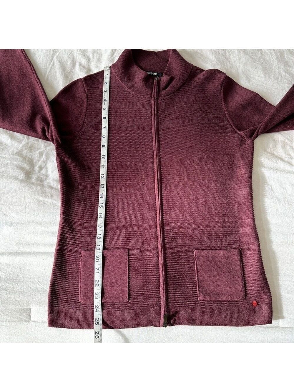 Olsen Long Sleeve Mock Neck Full Zip Ribbed Sweater Size Small Maroon Purple New - Picture 8 of 14
